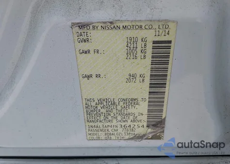 2015 Nissan Altima 2.5/2.5 S/2.5 Sl/2.5 Sv из США, поврежденный, VIN 1N4AL3AP4FN364254